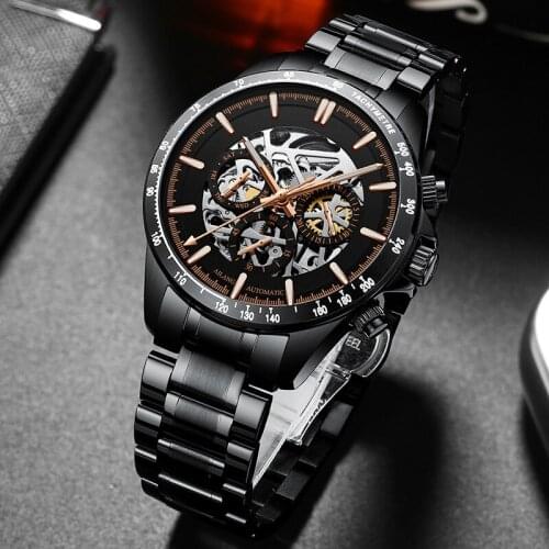 AILANG Fashion Brand Automatic Mechanical Mens Watch Business Stainless Steel Waterproof Wristwatch Luxury Skeleton Watch 8827B