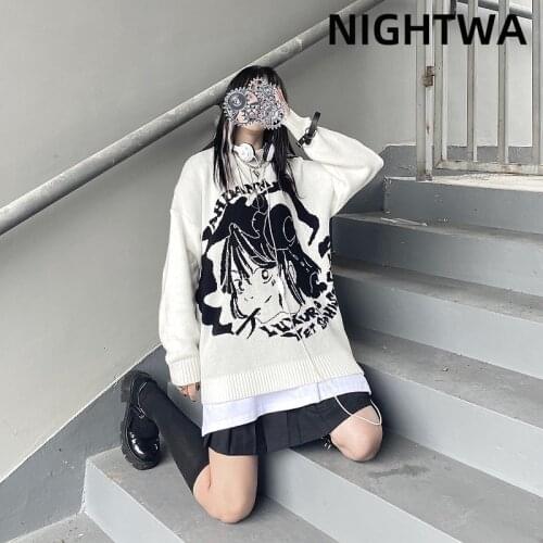 NIGHTWA New Oversize Women Sweaters Streetwear Japanese Cartoon Girl Pullovers Knitted Loose Streetwear Hip Hop Casual Sweaters