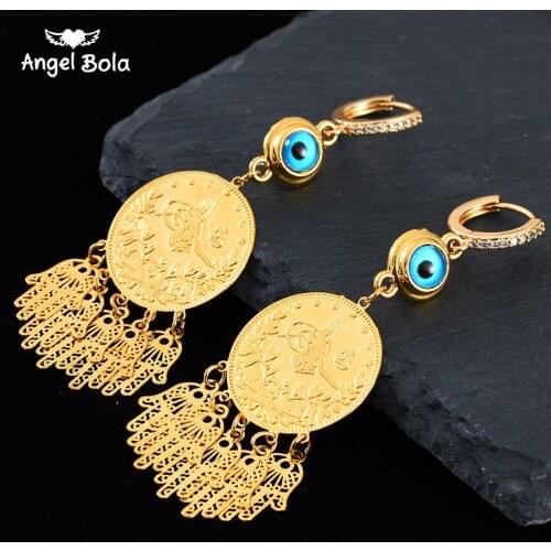 Oman Coin Allah Earrings Arabic Muslim Gold Color Crystal Circle Drop Earrings Women Religious Islam Islamic Hamsa Hand Jewelry