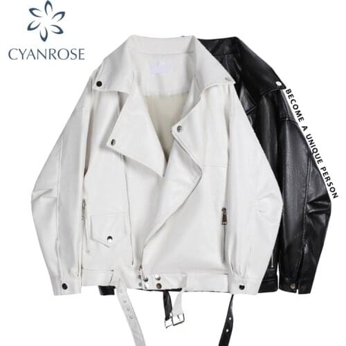 2020 Autumn Winter Women Pu Leather Motorcycle Jacket Female With Belt Solid Color Jackets Ladys Loose Zipper Rivet Outerwear