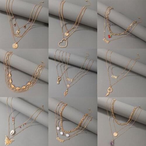 Tocona New Snakle Pendant Neckalce for Women Letter 1998 Pearl Stone Multi-layer Butterfly Shell Chain Choker Jewelry Collar