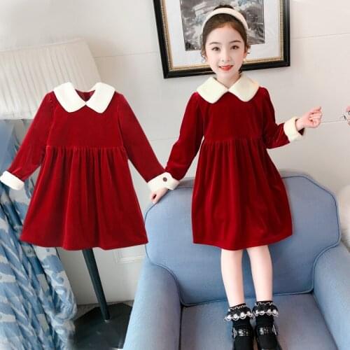 New Girl Gold Velvet Spring Autumn Dress Girls Kids White Lace Flower Princess Dresses Children Clothes 3-15T Thick Princess