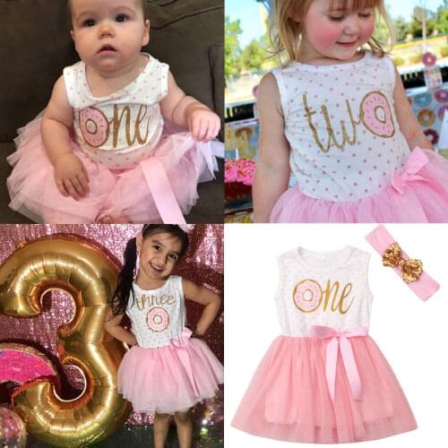 Toddler Baby Girl Tutu Birthday Princess Dress Headband 2PCS Print First Second Third Birthday Dress Outfit