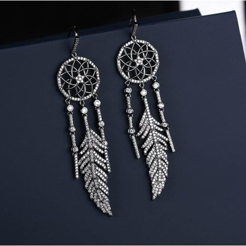 UMGODLY Luxury Cubic Zirconia Indians Dreamcatcher Earrings Leaves Black Color Tassel Earrings Designer Women Fashion Jewelry