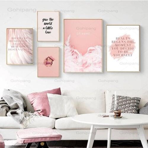 Pink Feather Quote Canvas Poster Wall Art Pictures Combination Canvas Paintings Prints for Living Room Girl Bedroom Home Decor