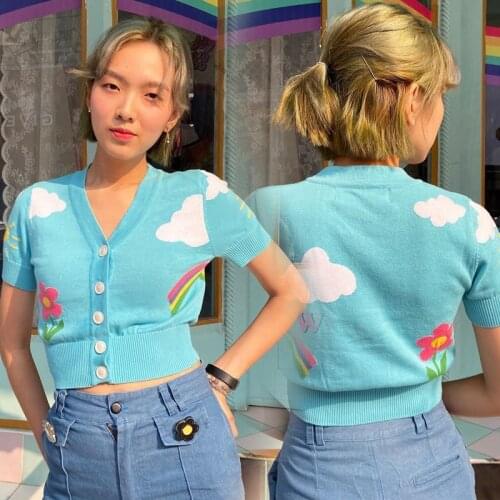 Blue cardigan womens sweaters korean crop sweater autumn tops short sleeve v neck short cardigan mohair sweater fall 2020 Flower