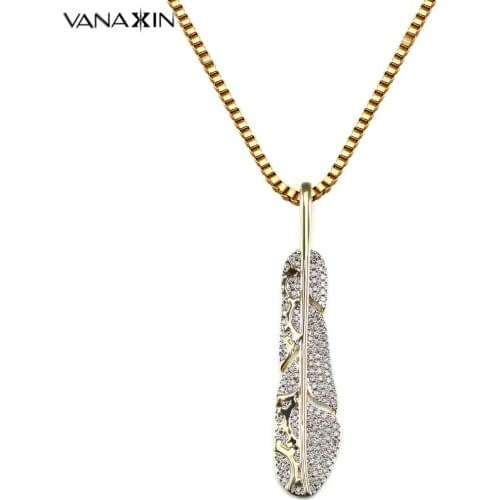 VANAXIN Simple Classic Pendant Necklace Leaf Necklace Long Sweater Chain Vintage Jewelry AAA Iced Out CZ Stone Pendants Box Pack