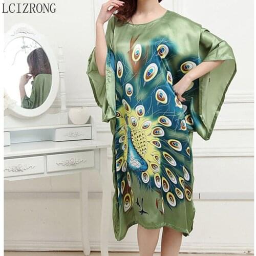 Spring Faux Silk Cool Women Sleepwear Dress Casual Loose Animal Print Night Dress Fashion Batwing Sleeve Oversized Nightgowns
