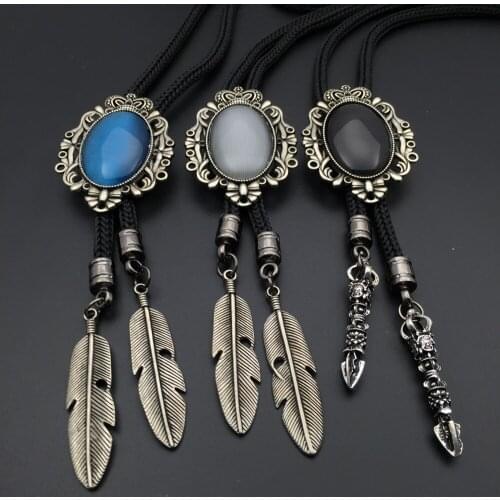 Vintage Western Cowboy Mens BOLO Tie Slide Clip Inlay Gemstone Woven Rope