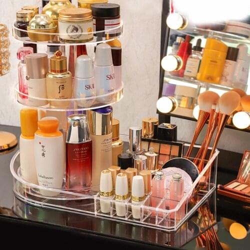 360 Rotating Cosmetic Storage Box Makeup Organizer 3-Layer Makeup Storage Rack Lipstick Display Shelf Transparent Plastic Box