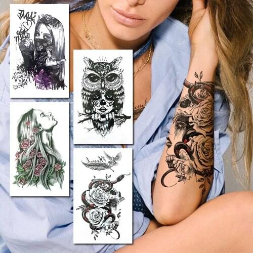 Evil Skeleton Temporary Tattoos For Women Men Gangster Owl Death Skull Fake Tattoo Snake Flower Feather Thigh Harajuku Arm Tatoo
