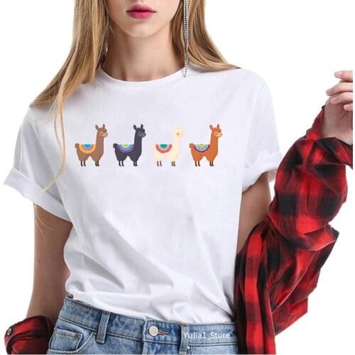 Women Clothes Harajuku Kawaii Alpacas Llama Animal Print Funny T Shirts Cute Short Sleeve Tops Tee Shirt Femme 90s Tumblr Tshirt