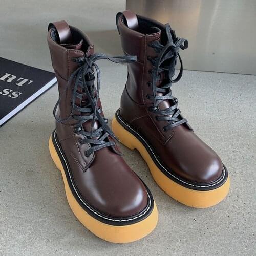 2021 Women Brown Short Boots Boots Ankle Lace-Up Square Heel Winter Warm Black Thick Sole Platform Chunky Female Boots