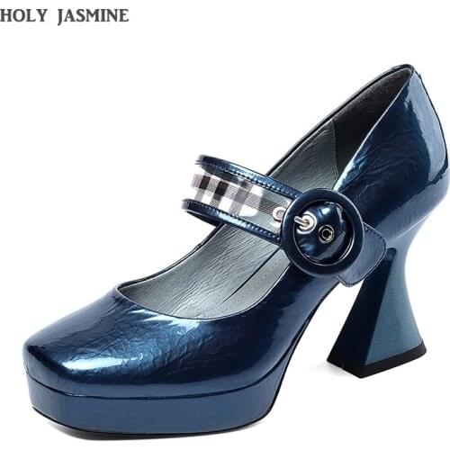 2021 Mary Janes Super High Heels Platforms Pumps Ladies Spring Summer Shallow Party Shoes Plus Size Escarpins Femme Blue/grey