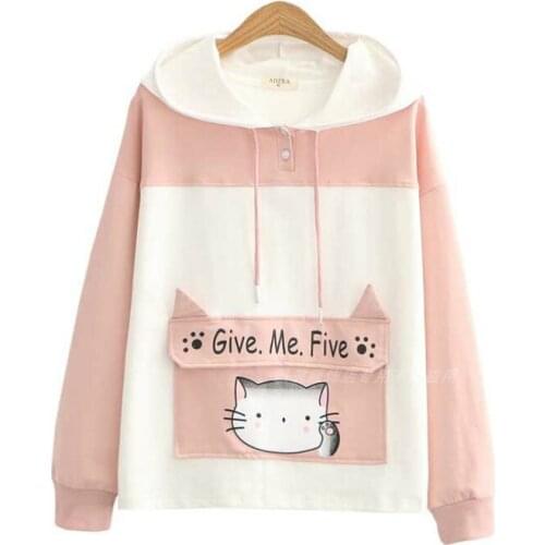 Harajuku Pink Cartoon Cat Print Hooded Sweatshirt Casual Pullover Hoodies Women 2020 Winter Feece Long Sleeve Warm Female Top