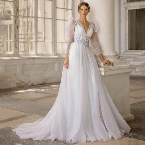 Eightree Princess Wedding Dresses Beach Boho White Bridal Dress 2 Piece Tulle A-Line Applique Long Sleeve Wedding Gown Plus Size