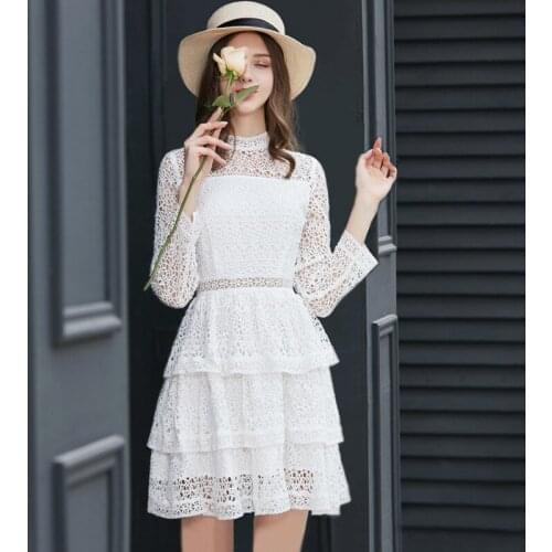 2020 Young women fashion dress female cake temperament spring white lace dresses hollow out slim zippers elegant empire