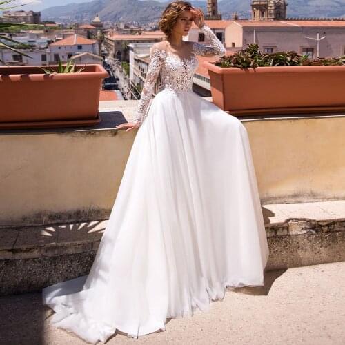 2021 Sheer Neck Long Sleeve Wedding Gowns Appliqued Bohemian Bride Dress Tulle A-line Lace Bridal Dresses