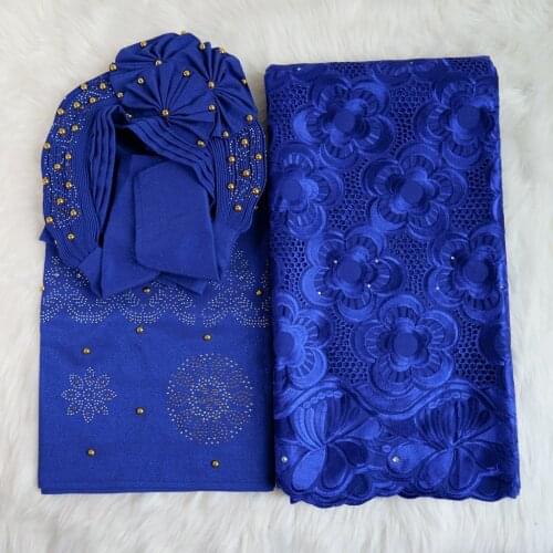 2021 New Designs African Swiss 100%Cotton Lace Fbaric 5Yards Matching Nigerian Brode Aso Oke Headtie Caps And Shoulder 1Pcs Each