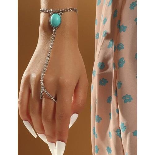 Vintage Simple Female Green Natural Stone Pendants Bracelets For Women Silver Color Metal Chain Finger Bracelet Jewelry Gifts