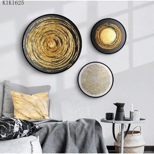 Inkjet Black Gold Abstract Mural Round Frame Living Room Paintings Modern Art Wall Hanging Pendant Bedroom Office Paintings Home