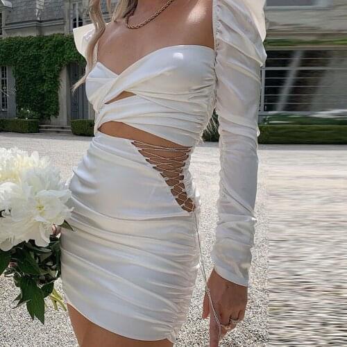 Elegant Party Women Mini Dress Sexy Hollow Out Diamond Dress Fashion Crystal Slim Autumn Winter Dress Vintage White Female Dress