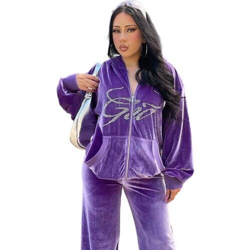 2021 Fall Womens New Fashion Hooded Sweater Cardigan Loose Long Sleeve Zipper Rhinestone Casual Suit