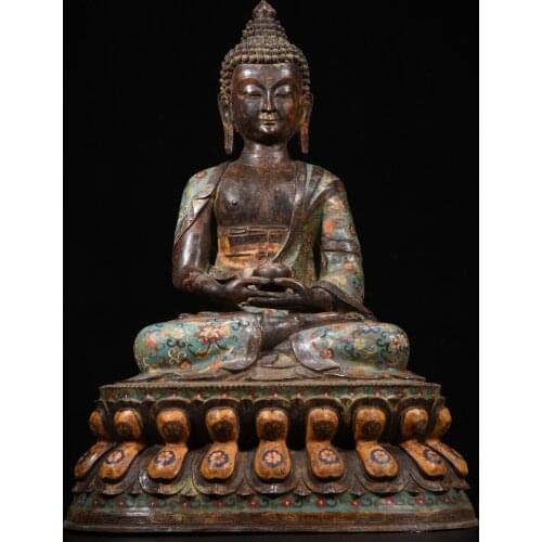 26" Tibet Temple Collection Old Bronze Cloisonne Enamel Amitabha Sakyamuni Lotus Terrace Sitting Buddha Ornaments Town House
