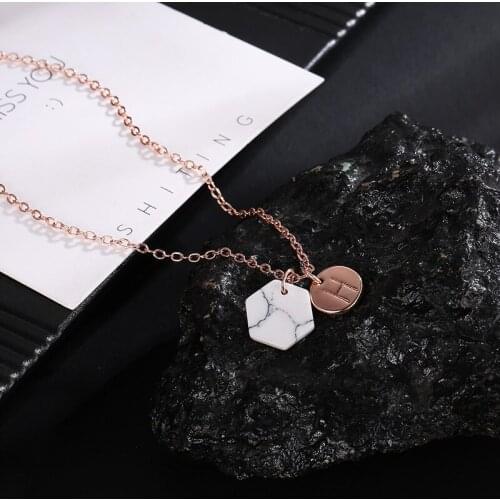 Circle & Geometric Hexagon Marble Stone With 26 Letters on Pendants Thin Chain Silver Plated Golden Necklaces For Women