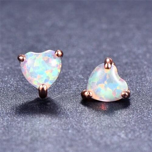 Cute Women Small Heart Earrings For Women Vintage Rose Gold Wedding Jewelry Boho White Blue Green Fire Opal Stud Earrings