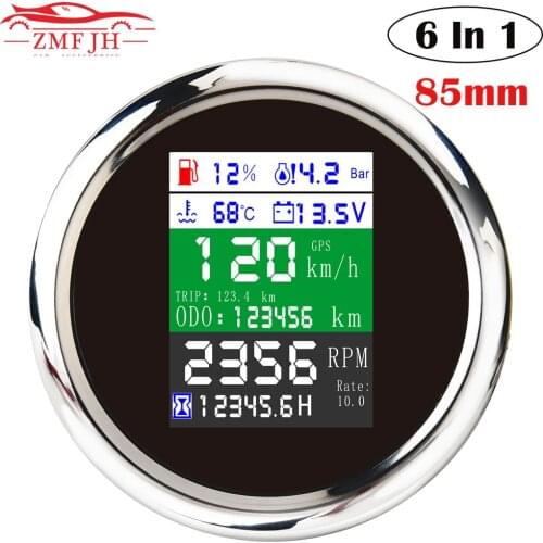 NEW 85mm 6in1 Multi-functional Digital Gauge GPS Fuel Level Water Temp Oil Pressure 0~10Bar With Alarm For Car Boat Tacho meter