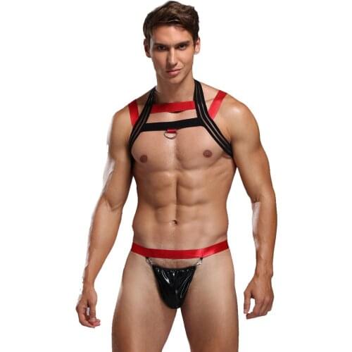 Men Sexy Red Black Leather Vest Flirting Bondage Tops Sexy SM Game Harness Gay Man Underwear Sex Men Costumes
