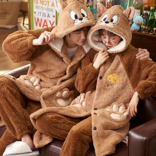 Autumn and Winter Pajamas Women Plush Cartoon Pajamas Set Cute Warm Thick Hooded Plus Velvet Male Home Pajamas