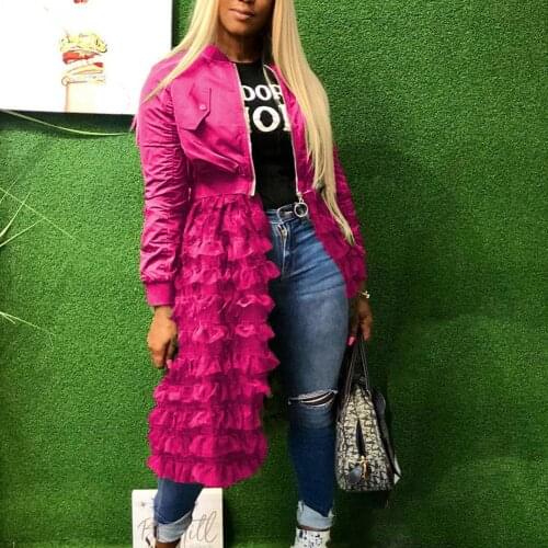 Dropshipping Solid Color Women\s Long Sleeve Zippered Ruffled Mesh Patchwork Jacket Coat