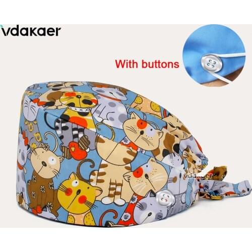 Adjustable Unisex Pet Hospital Nurse Doctor Hats Buttons Dentist Hat Printed Anesthetist Work Cap Surgery Cap Medical Scrubs Hat
