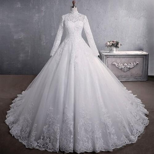 Wedding Dress With High Neck Long Sleeves And Ground Style Tail Style 2021 Luxurious Noble Lace Embroidery Dress
