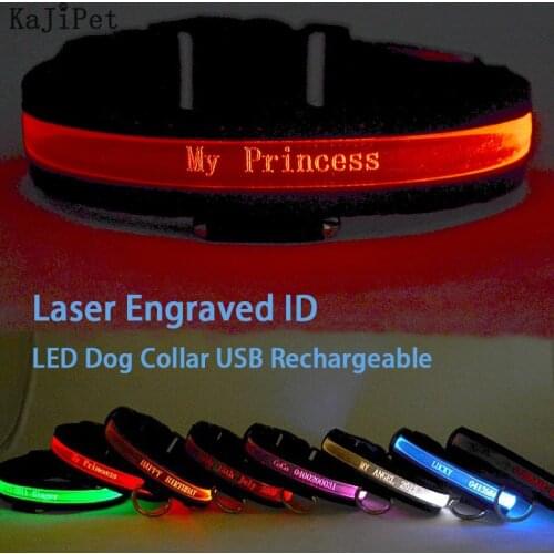 Engraved ID LED Dog Collar Luminous USB Custom Dog Tag Personalized Nylon Pet Dog Collar Led USB Light Night Safety Collar Perro