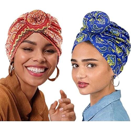 African Pattern Hair Wraps Knot Turban Boho Paisley Flower Scarf Pre-Tied Knot Bonnet Hats Turban Headwrap Caps