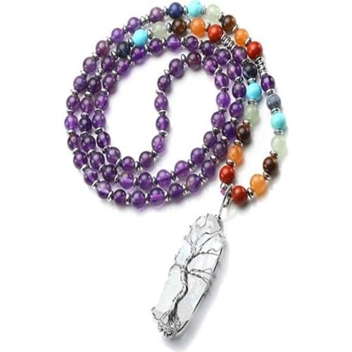 FYJS Unique Silver Plated Wire Wrap Irregular Shape Rock Crystal Pendant Round Beads Chain Necklace Natural Amethysts Jewelry