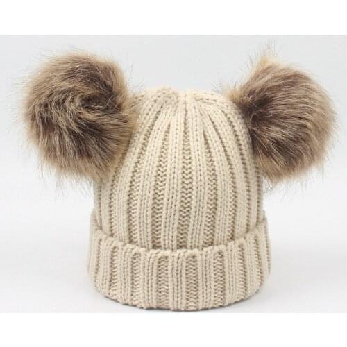 Adult Knitted Pompom Hats Lady Warm Ear Protection Caps Double Wool Ball Knitting Cap Female Outdoor Curling Warm Wool Cap A47