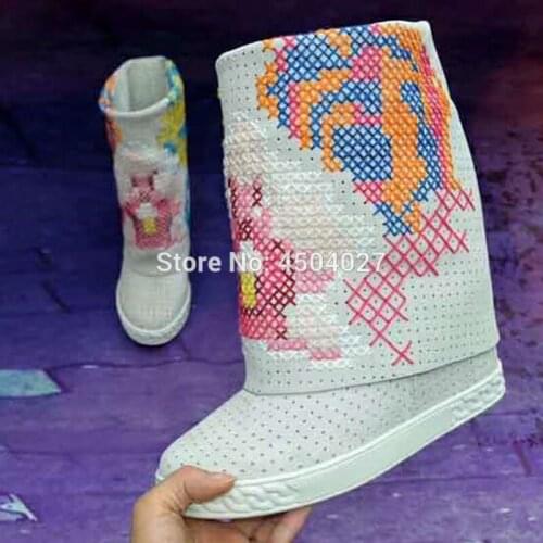 Newest Autumn Flower Embroidery Women Black/Blue Mid Calf Boots Fashion Height Increased Ladies Flat Shoes Zapato Mujer