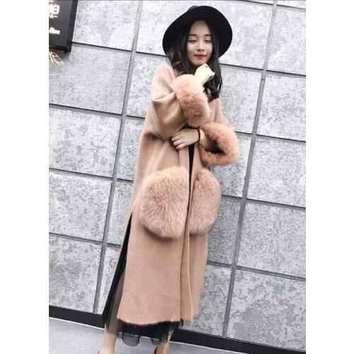New knitted women mink cashmere sweater with big colorfull fox fur pocket cuff female fashion cardigans