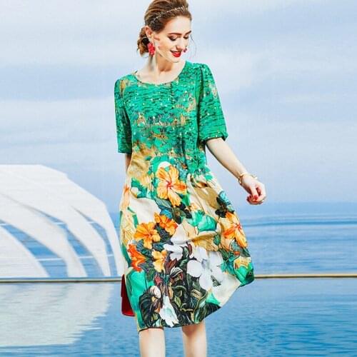 2021 Fashion Spring Chiffon Floral Print Dress Women Short Sleeve Ladies Elegant Silk Green Dress Female Vestido Dresses Robe