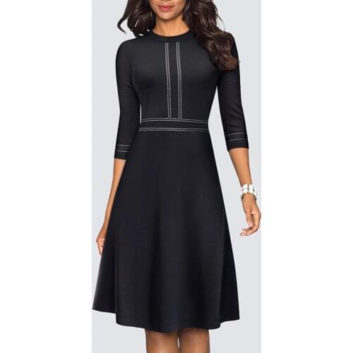 Women Vintage Swing Office A-Line Party Elegant Patchwork Skater Black Dress HA135
