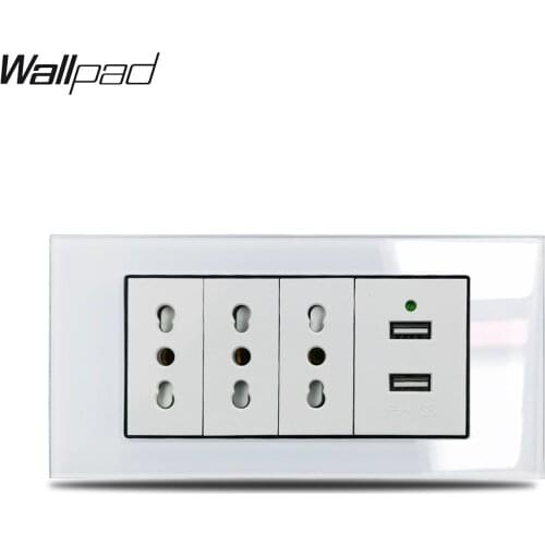153*75mm 3 Italian Socket and USB Socket Wallpad L3 White Glass Panel 16A Double USB Power Charger and 3 Italy Wall Socket