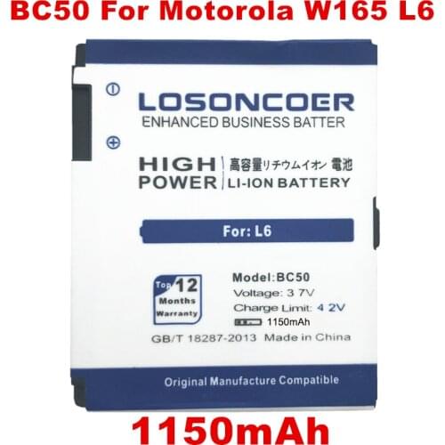LOSONCOER 1150mAh BC50 Battery for Motorola Moto RIZR L6 L6i L6g L7 L7C K1 K2 R1 Z1 Z3 ROKR Z6m SLVR E8 L2 Battery