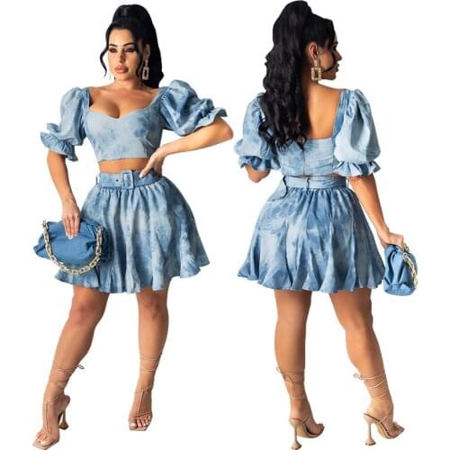 Puff sleeve pleated skirt fashion suit pale blue cut out skirt set trendy two piece women dress 2021 wholesale