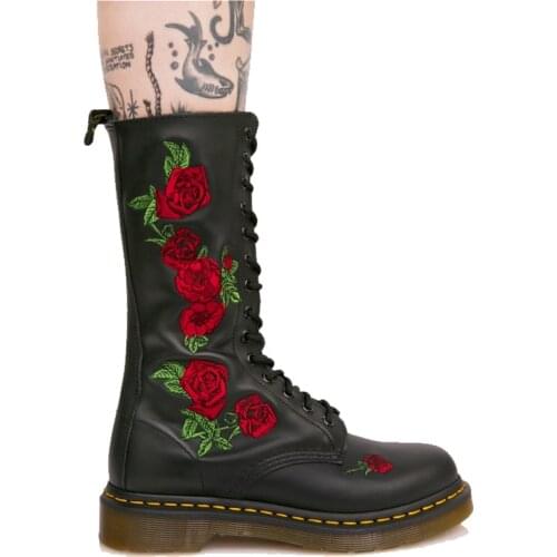 2021 New Genuine leather Rose Embroidered Martin boots Spring Autumn Fashionable Flat lace-up Short boots Big size Shoes Womens