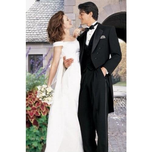 Black Groomsmen Tailcoat Style Groom Tuxedos Notch Satin Lapel Men Suits Wedding Best Man Blazer ( Jacket+Pants+Vest+Tie ) C223