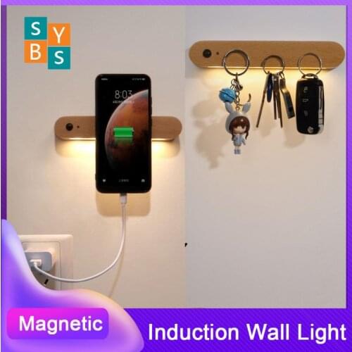 Wooden Portable Sensor Night Light Bedroom Wall Night Lamp Magnetic Induction Wall Light Key Holder Cabinet Door Hanging Lamp